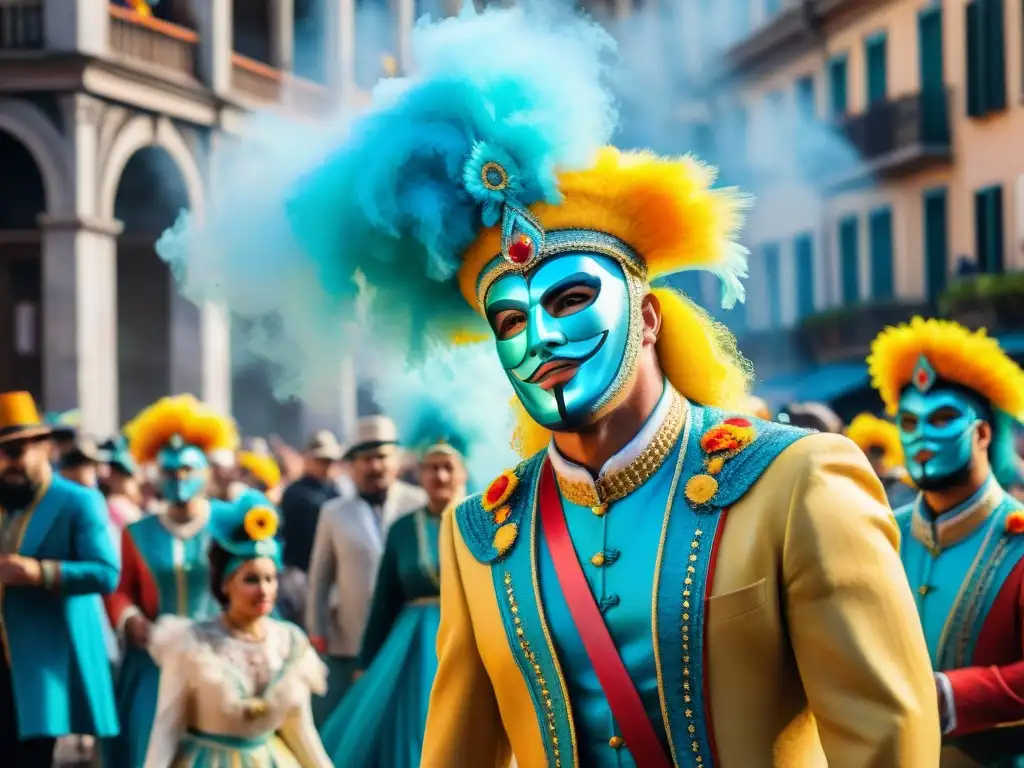 Vibrante Carnaval Uruguayo: pintura detallada de desfile colorido Vibrante pintura acuarela del Carnaval Uruguayo con disfraces coloridos y música alegre