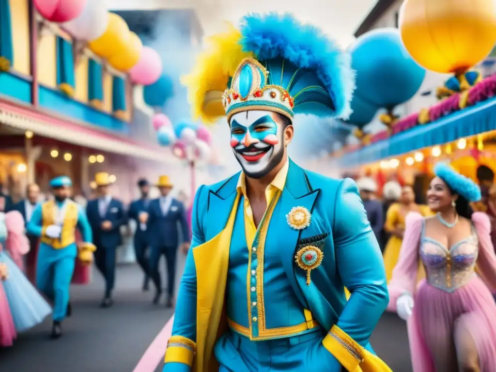 Desfile de Carnaval: Colorida fiesta en las calles Una vibrante pintura acuarela del Carnaval con desfiles coloridos y espectadores alegres, capturando la energía festiva