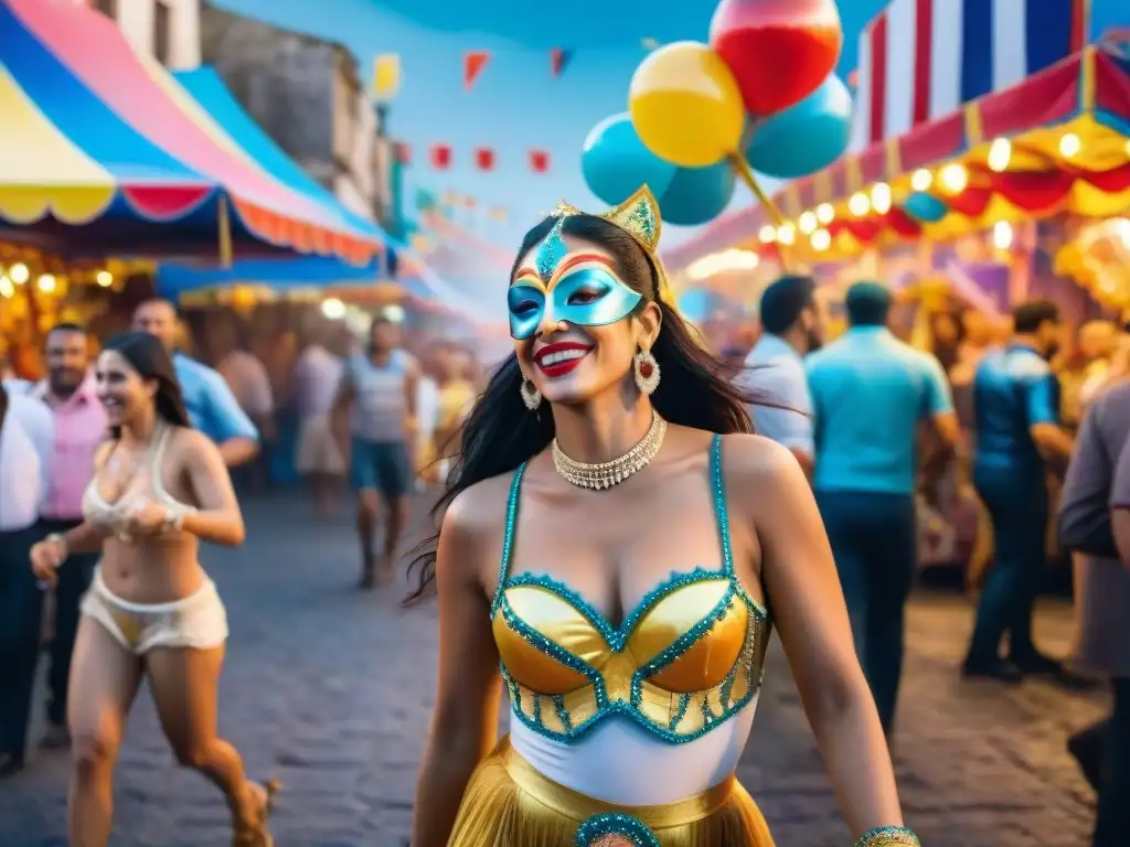 Carnaval uruguayo: noche de fiesta y color Vibrante pintura acuarela de Carnaval Uruguayo de noche, donde la hidratación es clave