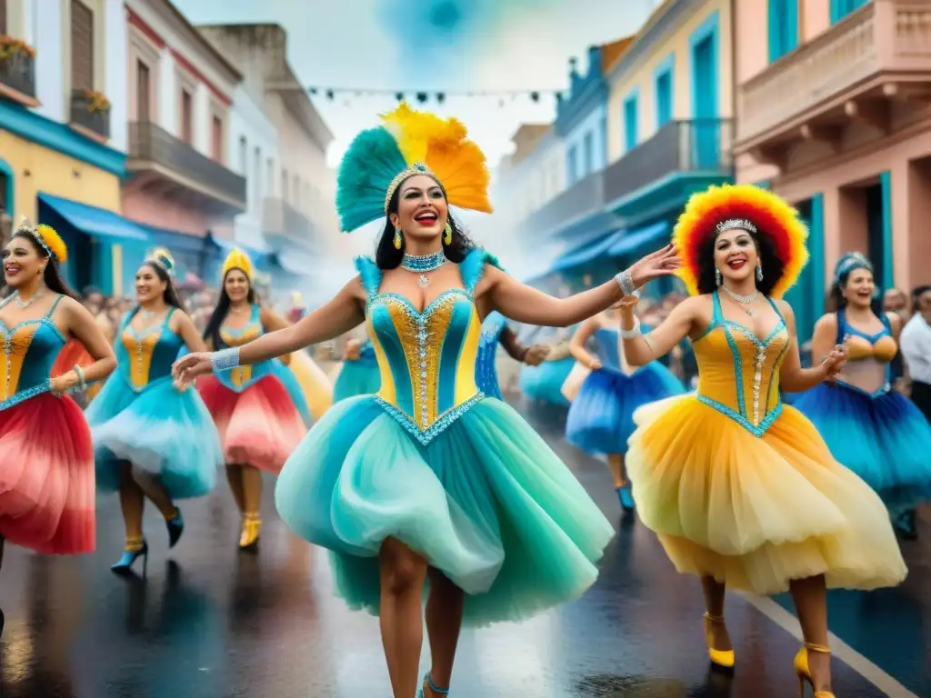 Vibrante Carnaval Uruguayo: Baile y Color en Acuarela Vibrante pintura acuarela de Carnaval Uruguayo: bailarines y arquitectura histórica reflejan los Orígenes históricos Carnaval Uruguayo