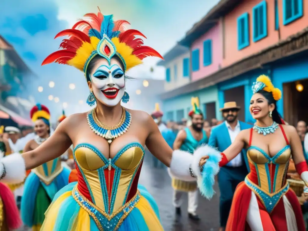 Vibrante pintura acuarela del Carnaval en Uruguay, con gente bailando en trajes coloridos y música tradicional