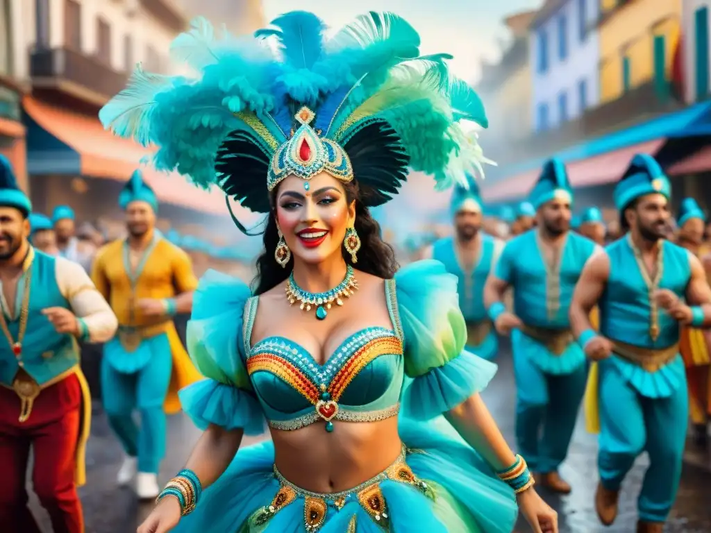 Carnaval Uruguayo: Colorida danza en las calles Vibrante pintura acuarela del Carnaval Uruguayo con bailarines, carros coloridos y espectadores emocionados