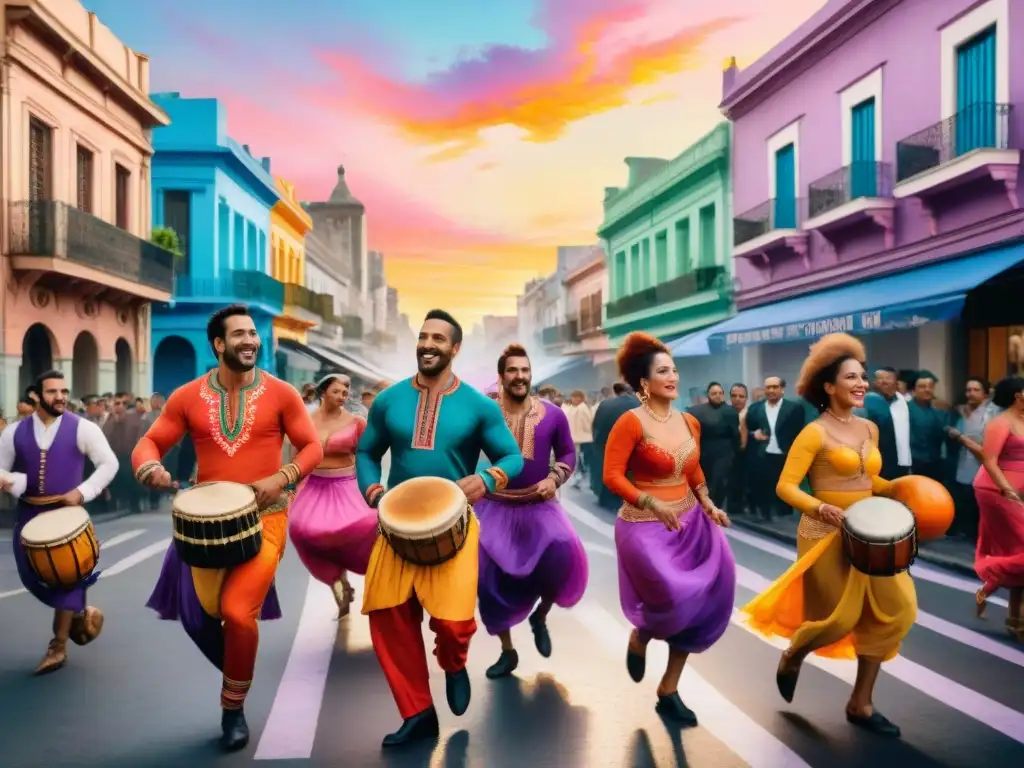 Vibrante Carnaval en Montevideo: danzas y murales Vibrante pintura acuarela de Carnaval en Montevideo, con figuras en trajes de Candombe