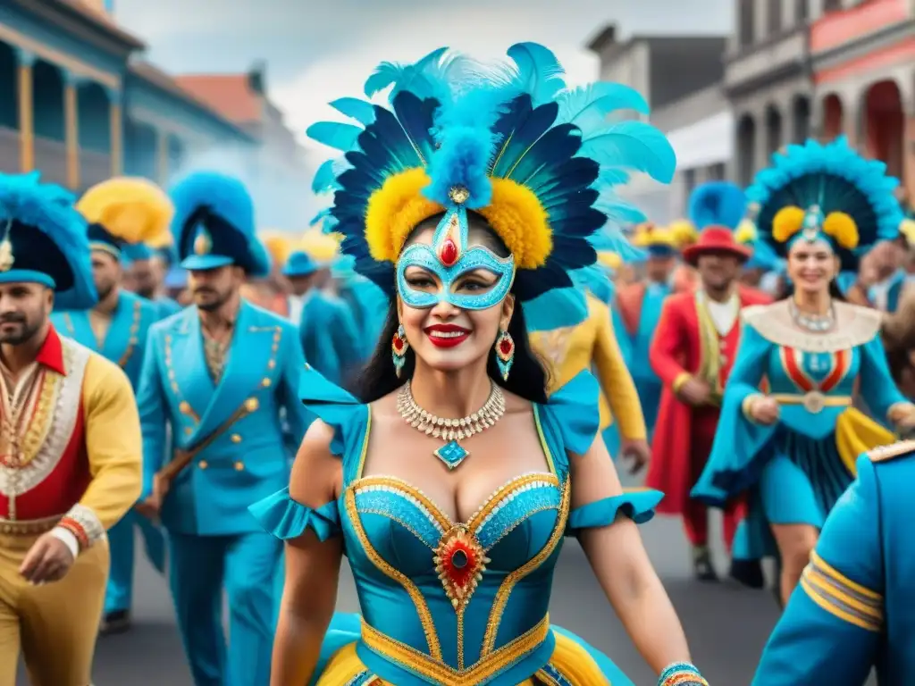 Deslumbrante Carnaval en Uruguay: fusión de tradición y modernidad Vibrante pintura acuarela del Carnaval en Uruguay, con trajes tradicionales y modernos