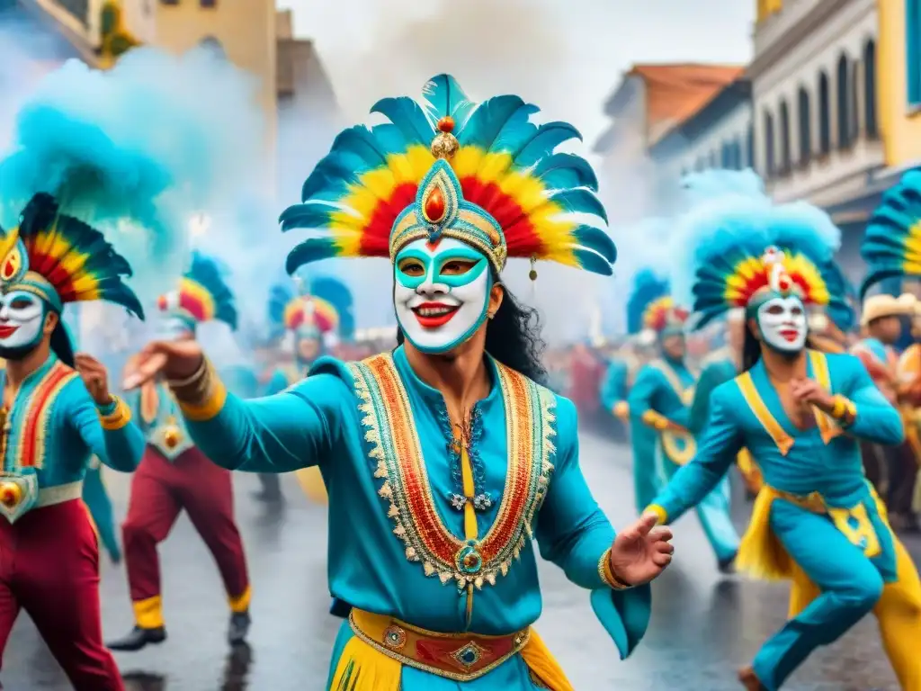 Colorido Carnaval Uruguayo: Desfile festivo y vibrante Vibrante pintura acuarela del Carnaval Uruguayo con trajes coloridos y danzas exuberantes
