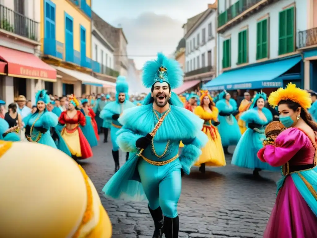 Fiesta colorida: Carnaval en Uruguay Vibrante pintura acuarela de Carnaval en Uruguay, con desfiles coloridos y espectadores alegres