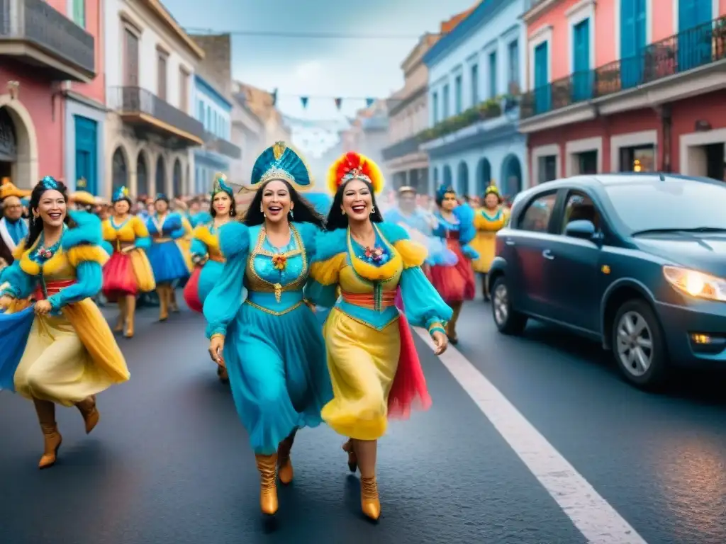 Carnaval en Uruguay: calle colorida y bulliciosa Vibrante pintura acuarela de Carnaval en Uruguay: bailarines, música y comida callejera