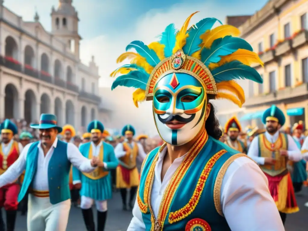Carnaval en Uruguay: Energía y Colorido Vibrante pintura acuarela del Carnaval en Uruguay, con comparsas coloridas y riqueza cultural Carnaval Uruguayo