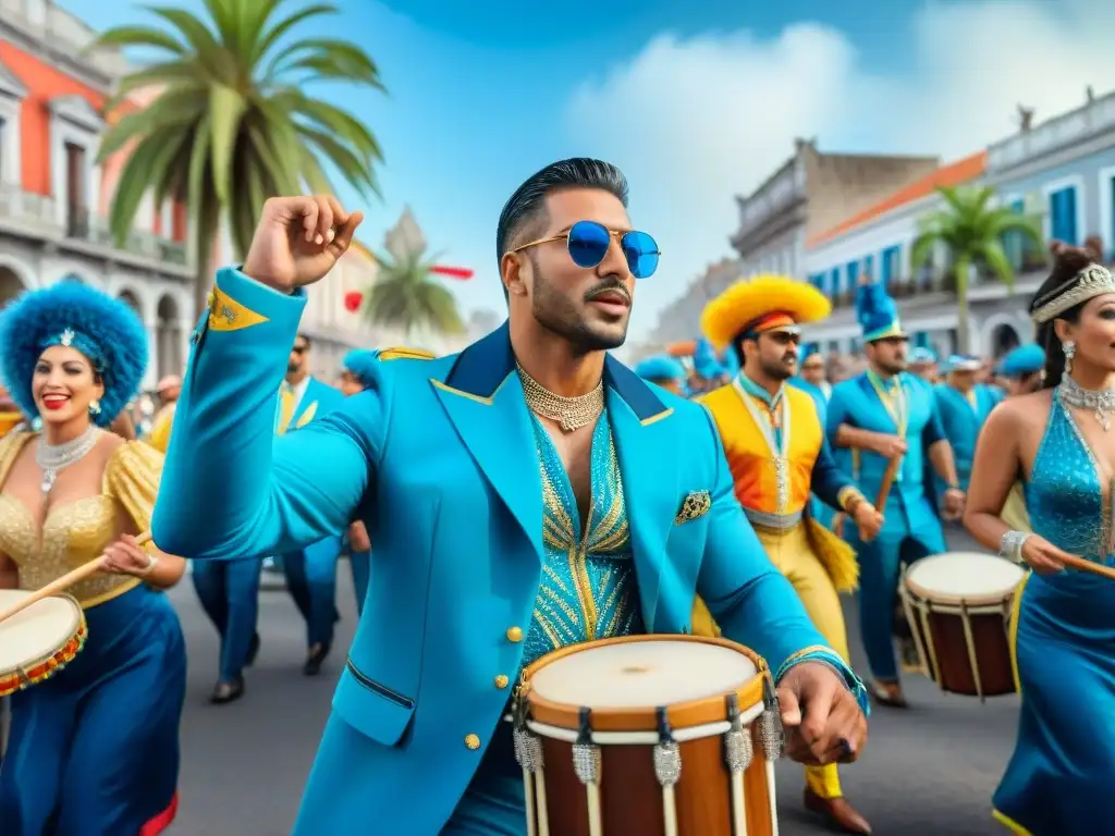 Vibrante Carnaval en Uruguay: pintura acuarela detallada Vibrante pintura acuarela del Carnaval en Uruguay, con músicos y bailarines en trajes coloridos