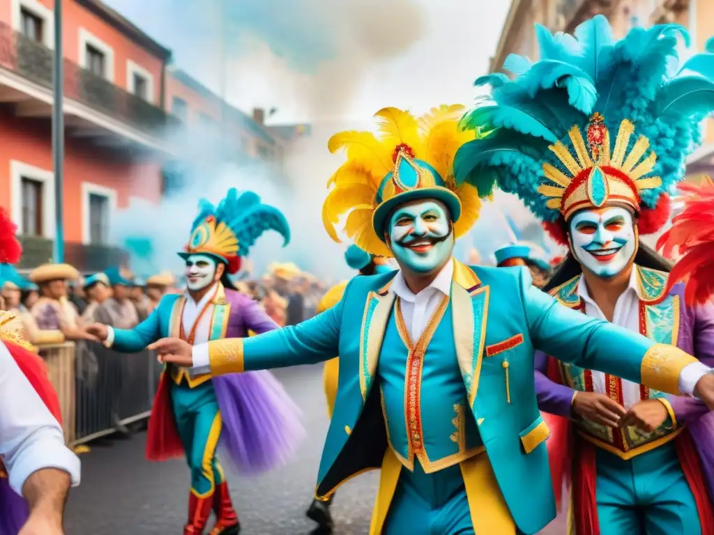 Colorida celebración del Carnaval en Uruguay: desfile vibrante y alegre Vibrante pintura acuarela del Carnaval Uruguayo con desfile colorido
