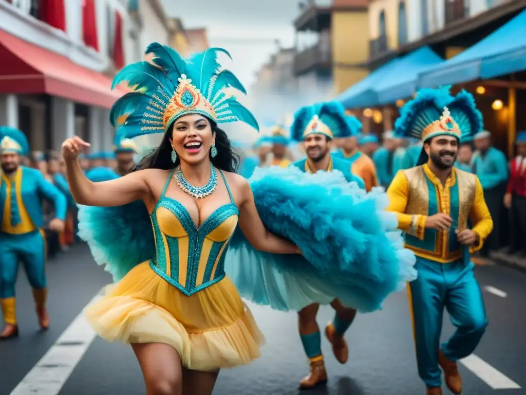 Vibrante Carnaval Uruguayo: Baile, Música y Alegría Vibrante pintura acuarela del Carnaval Uruguayo, con desfile de bailarines y músicos en movimiento, reflejando la tradición cultural