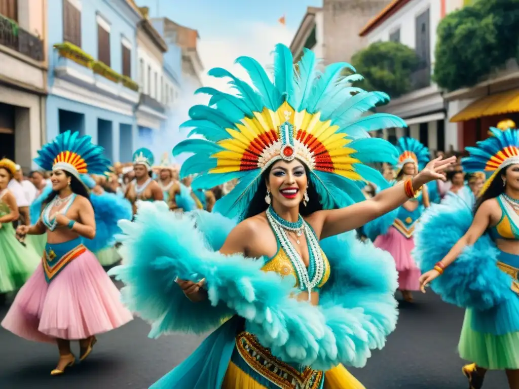 Carnaval en Uruguay: Celebración vibrante con bailarines y tambores Vibrante pintura acuarela de Carnaval en Uruguay, muestra desfile de la Ruta del Tambor con danzas y músicos, ¡color y alegría!