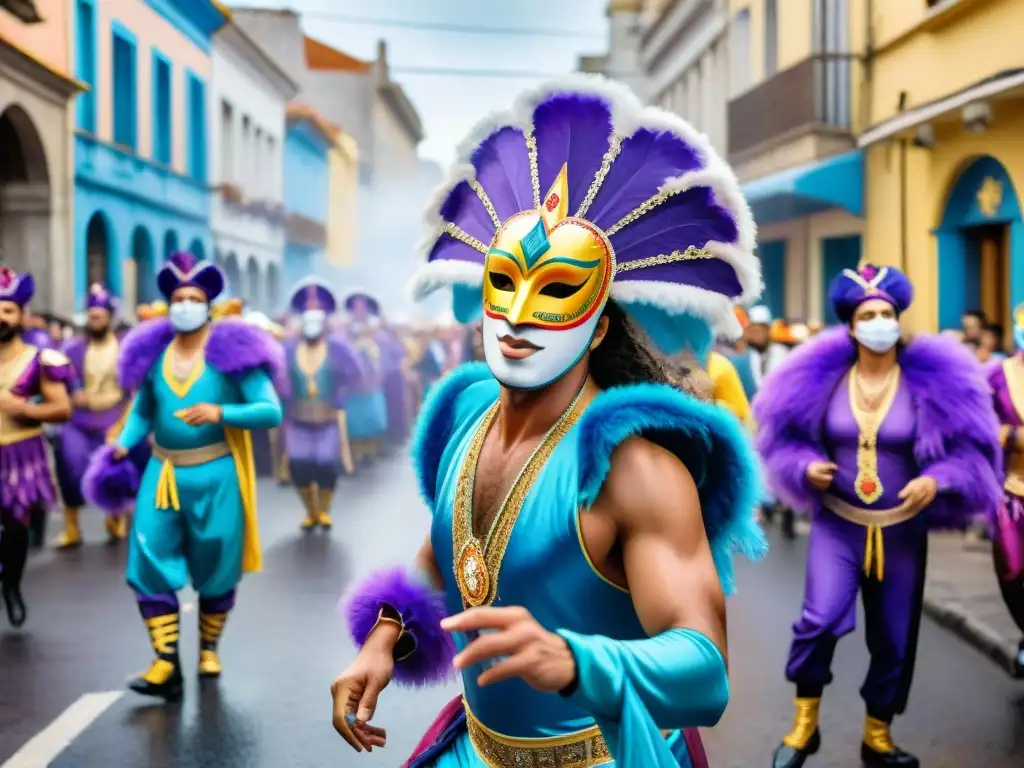 Carnaval en Uruguay: Pintura acuarela de fiesta callejera Vibrante pintura acuarela de Carnaval en Uruguay