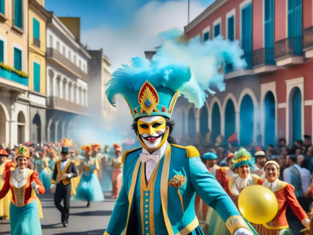 Deslumbrante carnaval uruguayo: acuarela vibrante Vibrante pintura acuarela del Carnaval en Uruguay 2021 con trajes coloridos, carrozas y bailarines enérgicos