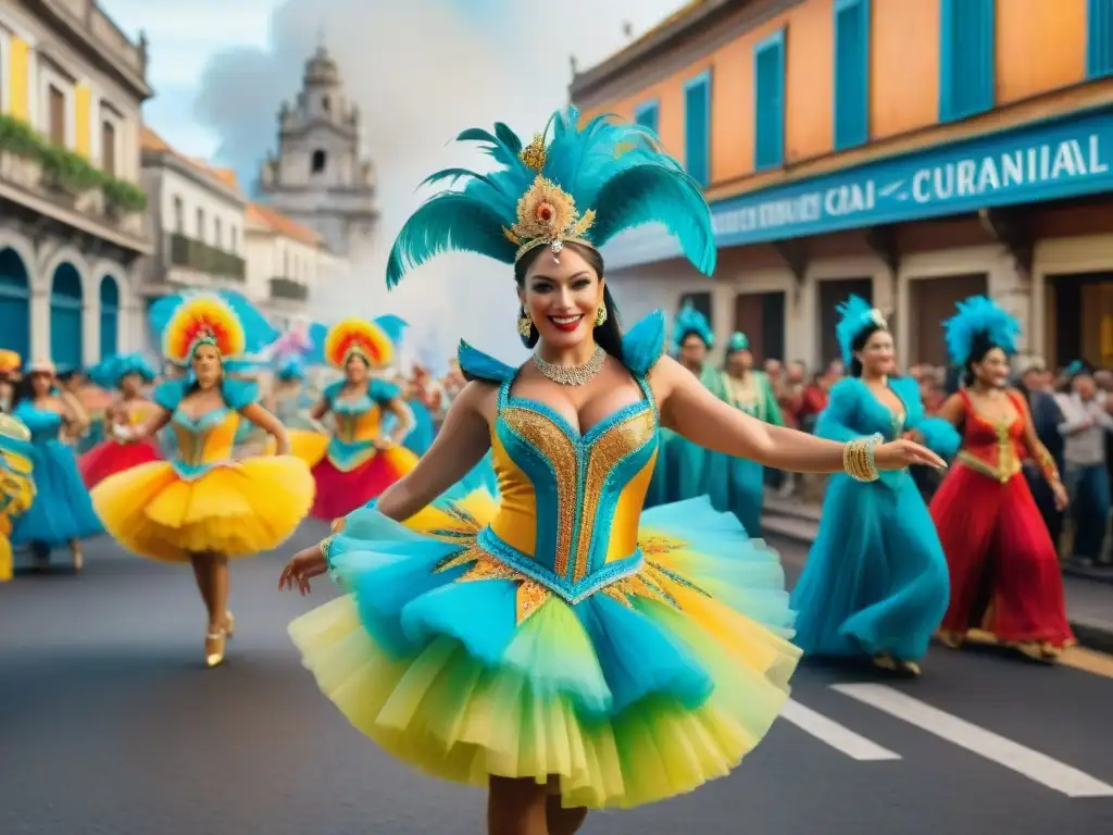Vibrante Carnaval Uruguayo: Arte en Acuarela de la Fiesta y Alegría Vibrante pintura acuarela del Carnaval Uruguayo, con deslumbrantes disfraces y energéticos bailarines