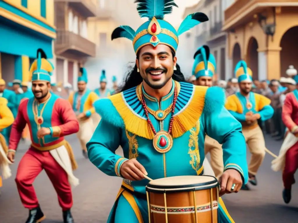 Desfile de Carnaval Uruguayo: Fusión tradicional y digital Una vibrante pintura acuarela del Carnaval tradicional uruguayo evolucionando a la era digital, fusionando cultura y tecnología