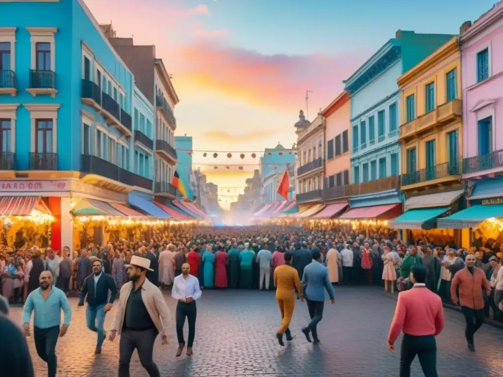 Desfile de Carnaval en Montevideo: ¡Color y alegría! Vibrante pintura acuarela de Montevideo durante el Carnaval, con desfiles, danzas y espectadores