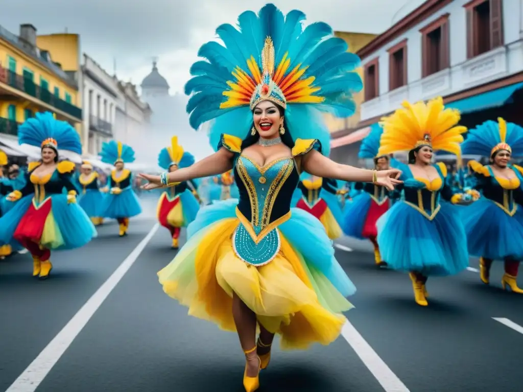 Vibrante carnaval uruguayo: comparsas en acuarela Vibrante pintura acuarela de carnaval en Uruguay, destacando comparsas y su impacto en la identidad uruguaya