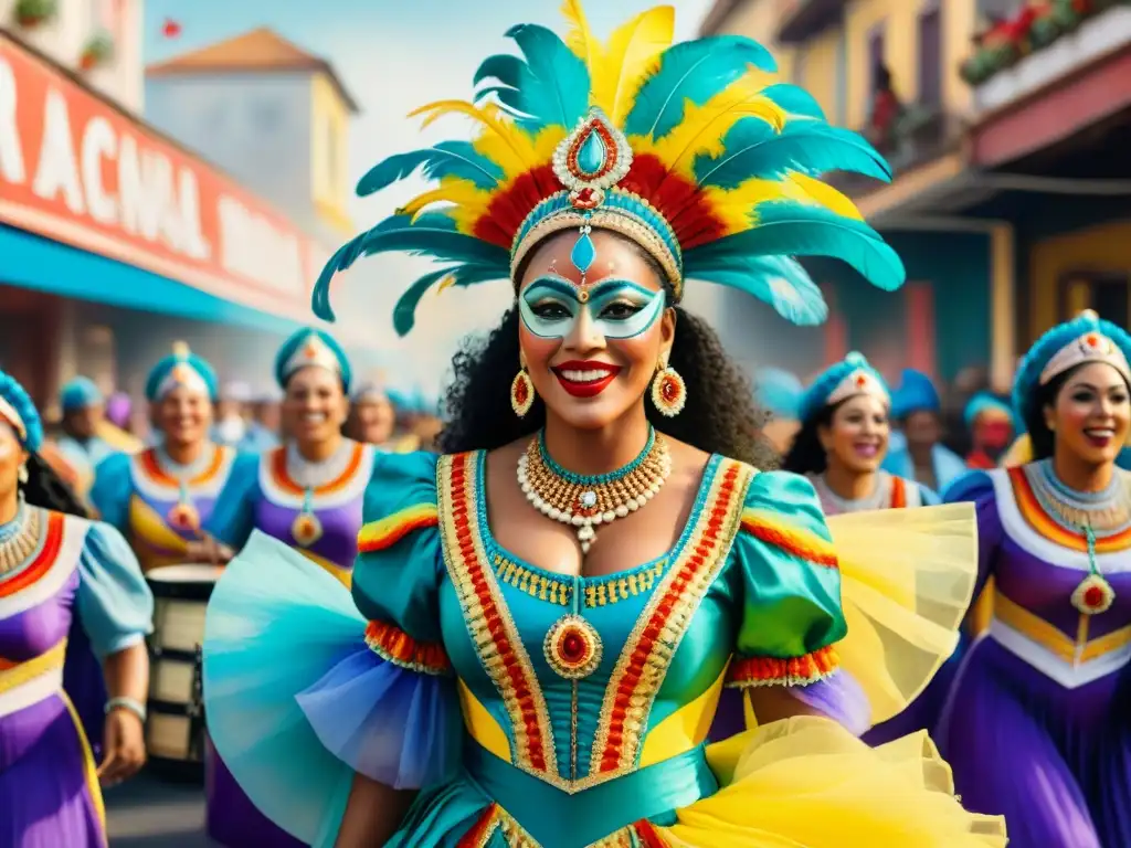 Vibrante pintura acuarela de Carnaval con inclusión de género en comparsas y empoderamiento femenino