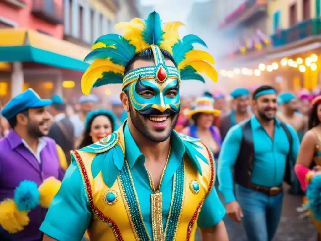 Pintura acuarela del Carnaval Uruguayo: explosión de color y alegría Vibrante pintura acuarela del Carnaval Uruguayo, momentos espontáneos únicos en la calle llena de color y alegría