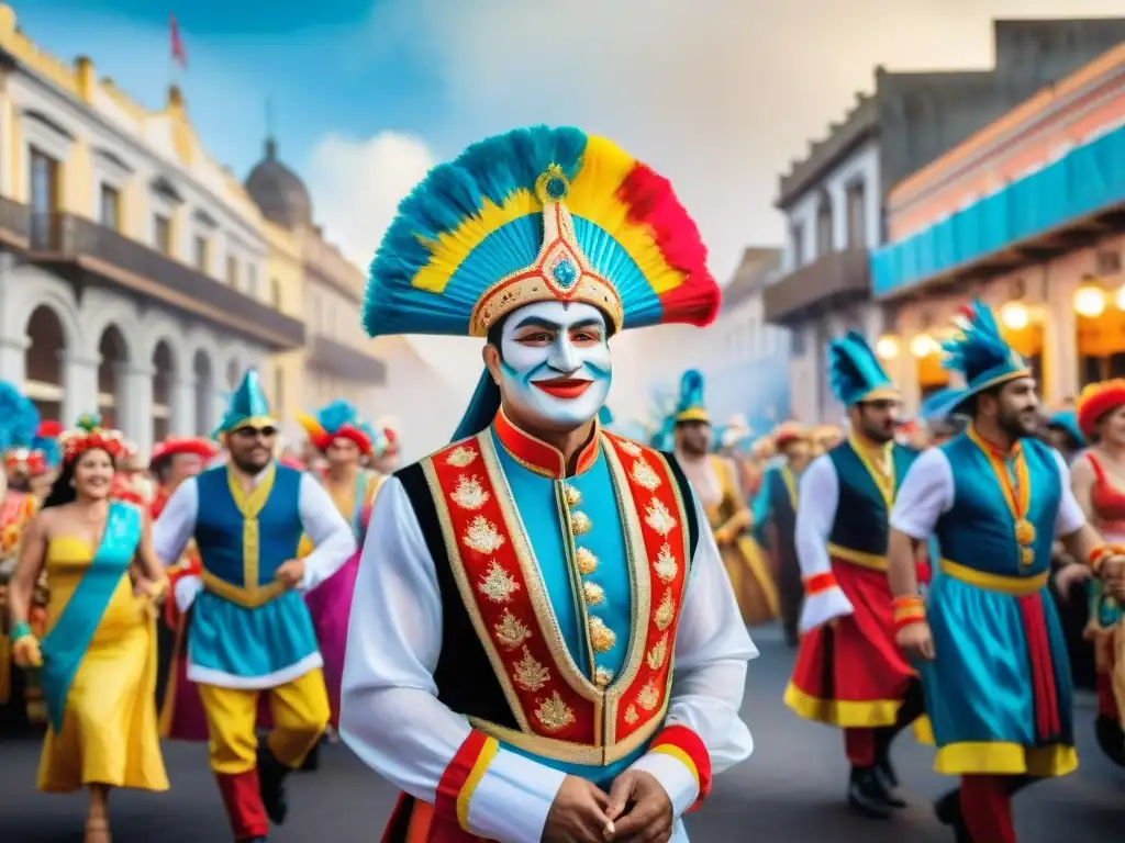 Vibrante desfile de carnaval en Uruguay Vibrante pintura acuarela del Carnaval Uruguayo, con trajes coloridos, bailarines y música tradicional