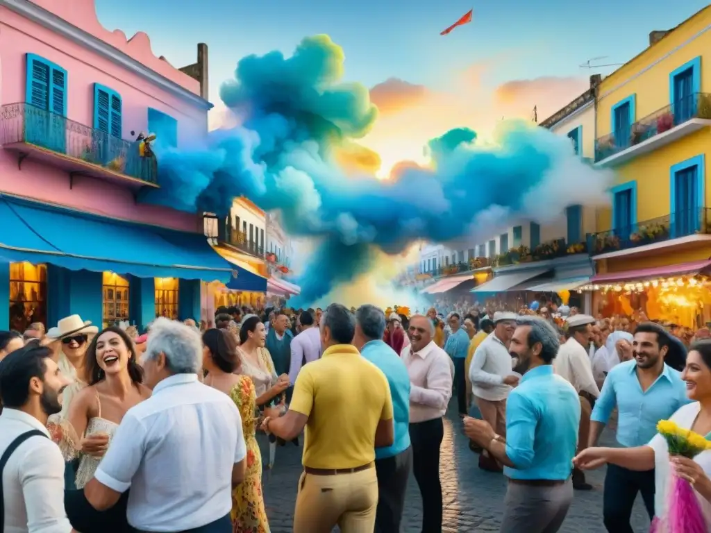 Carnaval en Uruguay: Explosión de color y alegría Vibrante pintura acuarela de Carnaval en Uruguay, con desfile de coloridos trajes y edificios tradicionales
