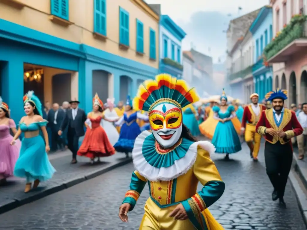 Carnaval uruguayo: colorida celebración histórica en acuarela Vibrante pintura acuarela del Carnaval Uruguayo, con trajes coloridos y músicos en calles empedradas históricas