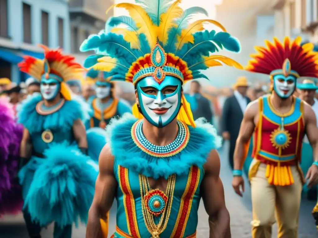 Carnaval en Uruguay: pintura acuarela ultra detallada Una vibrante pintura acuarela del Carnaval en Uruguay, destacando colores, máscaras y bailes