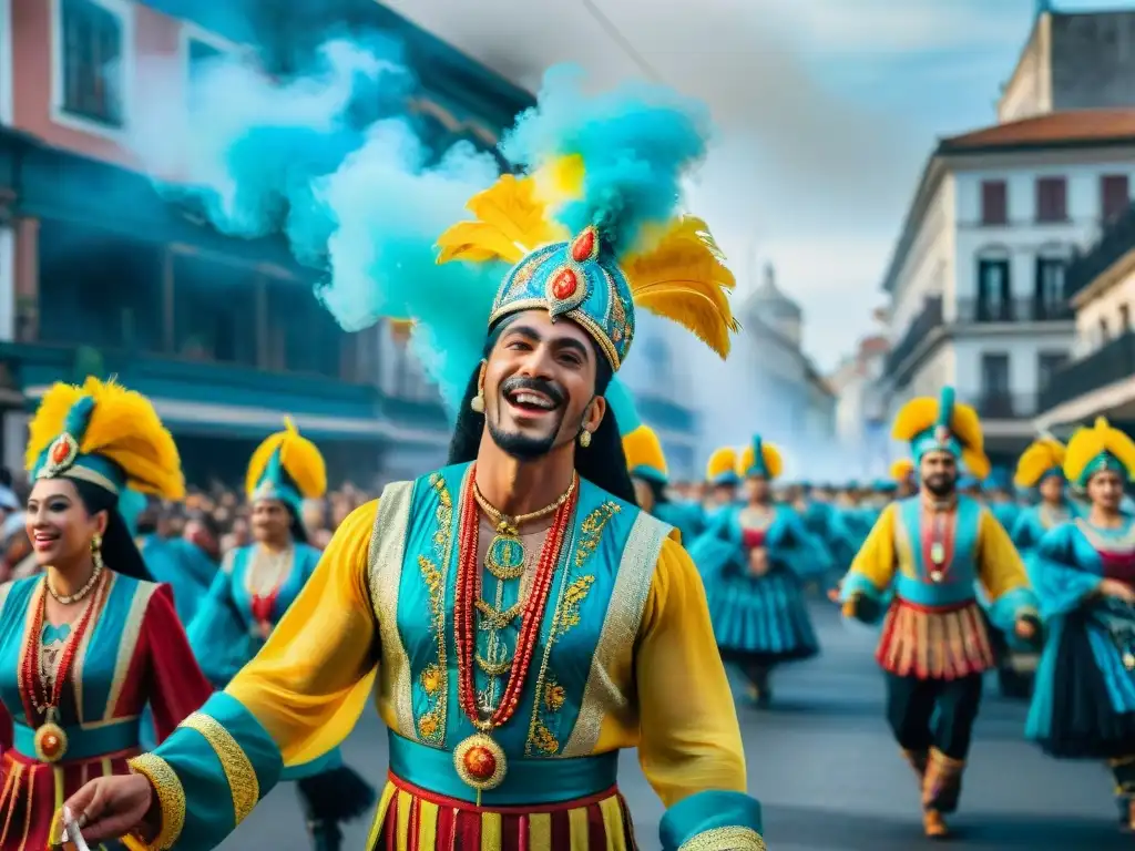 Deslumbrante desfile de Carnaval en Uruguay Vibrante pintura acuarela del Carnaval Uruguayo con deslumbrantes disfraces y carrozas, capturando la energía festiva