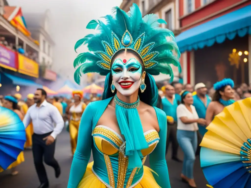Carnaval Uruguayo: Explosión de color y alegría en las calles Una vibrante pintura acuarela del Carnaval Uruguayo en superficies inesperadas, con detalles coloridos y energía festiva