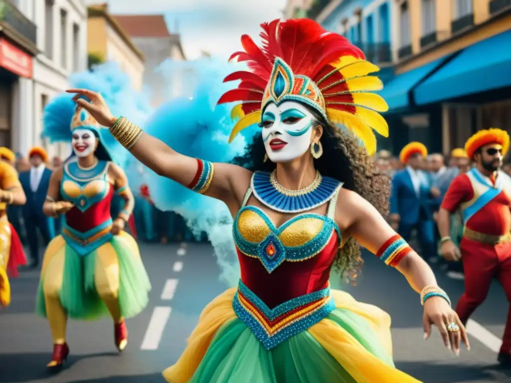 Deslumbrante Carnaval Uruguayo: Colorida celebración callejera Vibrante pintura acuarela del Carnaval Uruguayo en superficies inesperadas