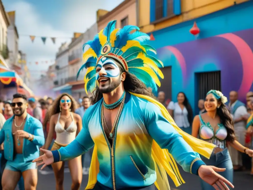 Colorido Carnaval Uruguayo: Pintura acuarela de escena callejera vibrante Vibrante pintura acuarela del Carnaval Uruguayo con arte callejero y coloridos trajes