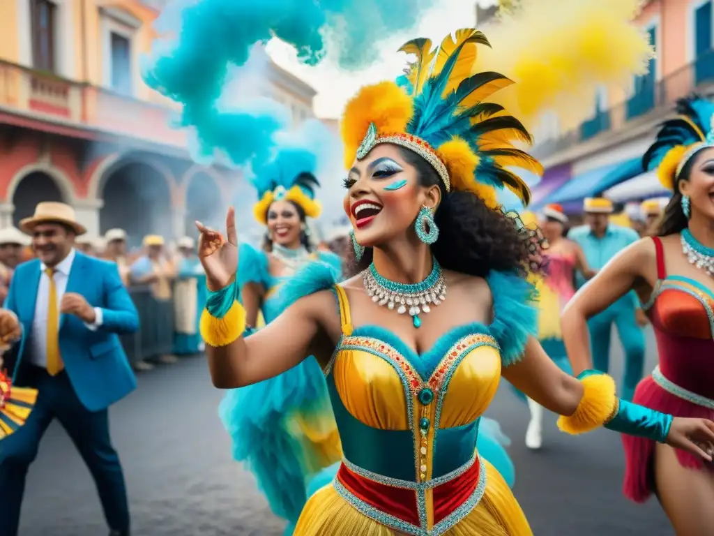 Desfile alegre: Carnaval en Uruguay Una vibrante pintura acuarela retrata el Carnaval Uruguayo con alegría, coloridos trajes y música, en medio de una festiva celebración
