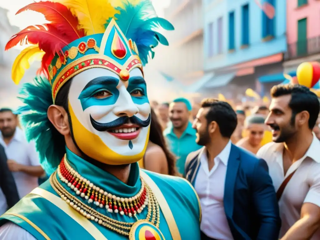 Intenso carnaval uruguayo: emoción y pasión en acuarela Vibrante pintura acuarela del Carnaval Uruguayo, con emociones intensas en rostros de artistas y espectadores