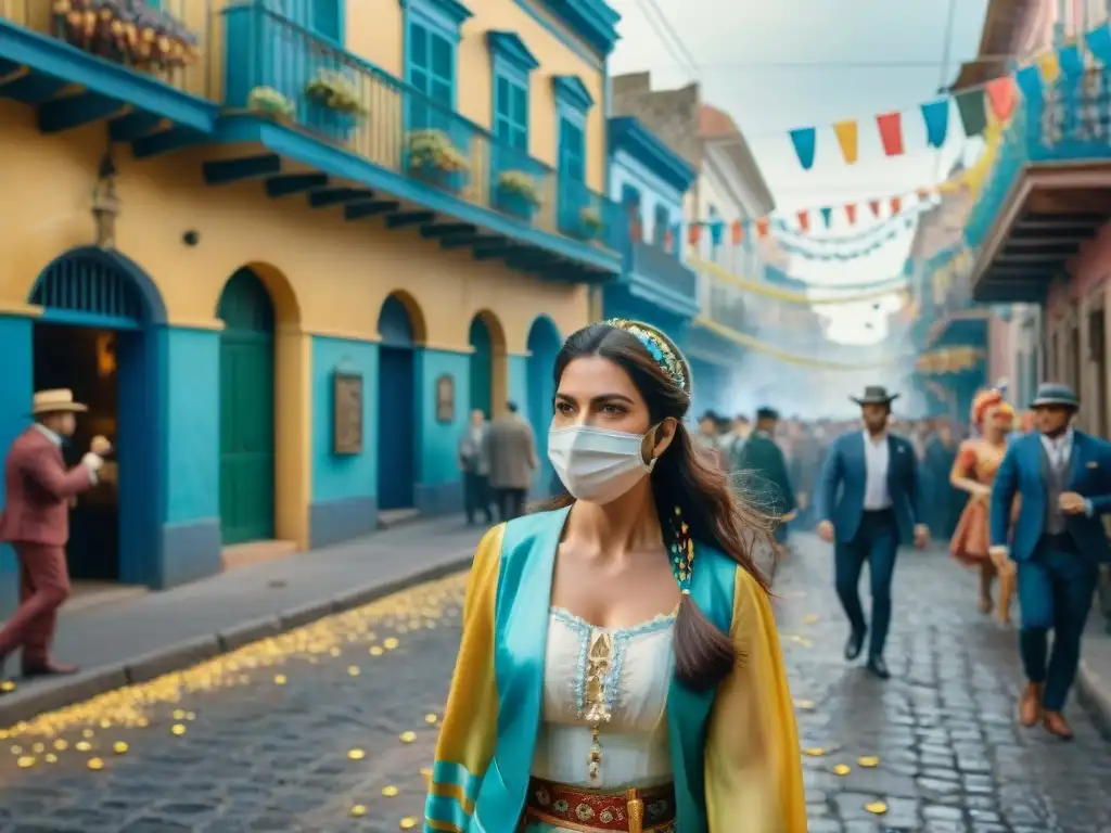 Pintura acuarela detallada de Carnaval en Uruguay Vibrante pintura acuarela del Carnaval en Uruguay, con coloridos disfraces y música alegre