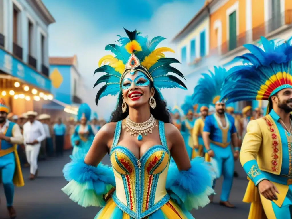 Carnaval Uruguayo: pintura acuarela 8k detallada Vibrante pintura acuarela del Carnaval Uruguayo con coloridos trajes y música, recreando la energía festiva