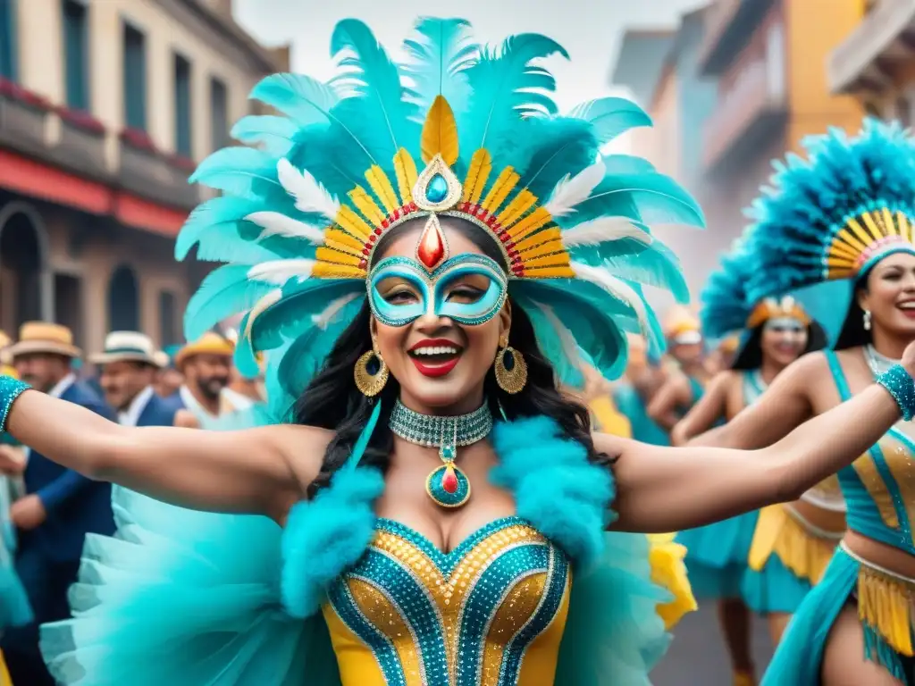 Una vibrante pintura acuarela del Carnaval en Uruguay con danzas, máscaras tradicionales y la multitud animada