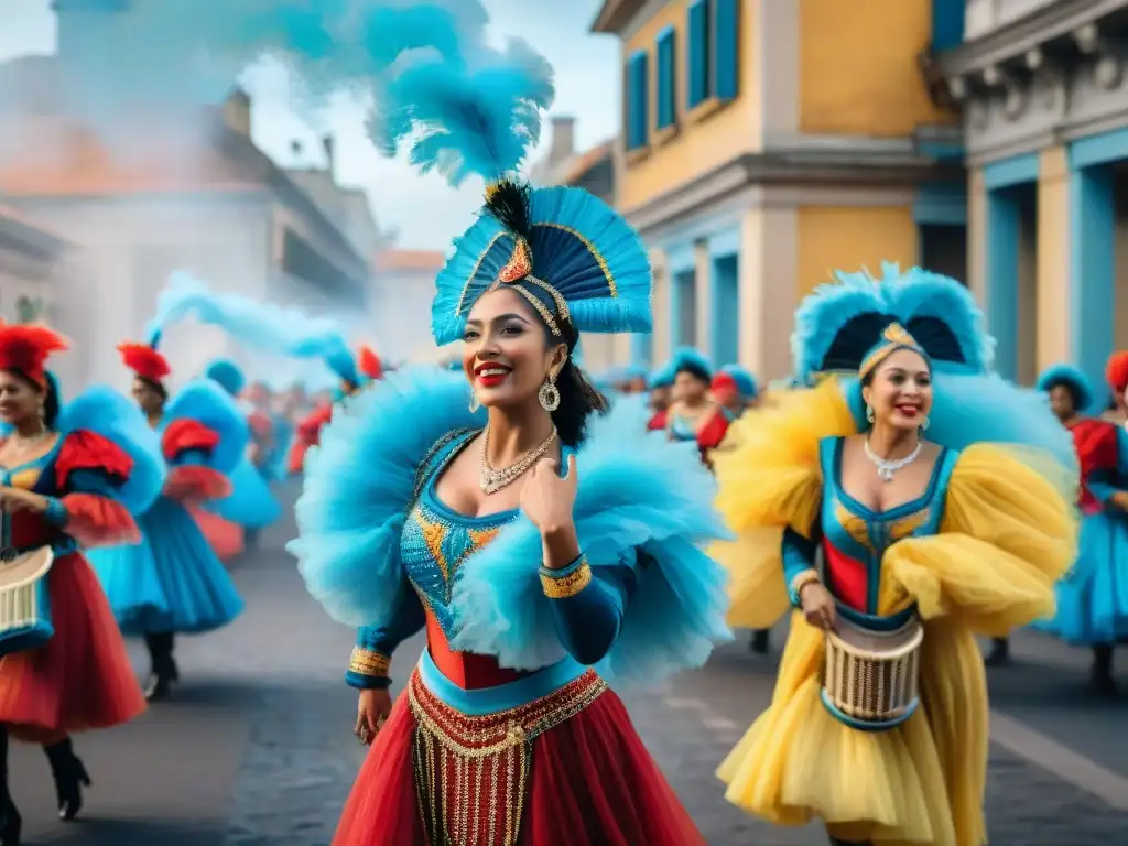 Vibrante pintura acuarela del Carnaval de Uruguay Vibrante pintura acuarela del Carnaval Uruguayo, con bailarines coloridos y músicos, evocando la alegría y la cultura de esta atracción turística