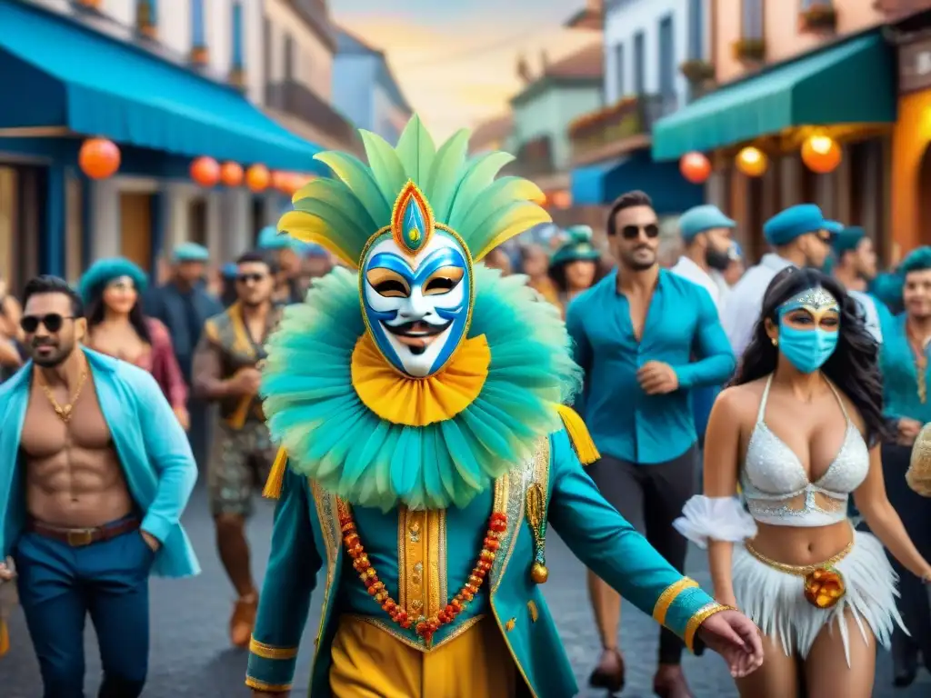 Colorido Carnaval Uruguayo: Celebración en Acuarela Vibrante pintura acuarela del Carnaval Uruguayo con desfiles coloridos y espectadores entusiastas, evocando la evolución de parodias teatrales