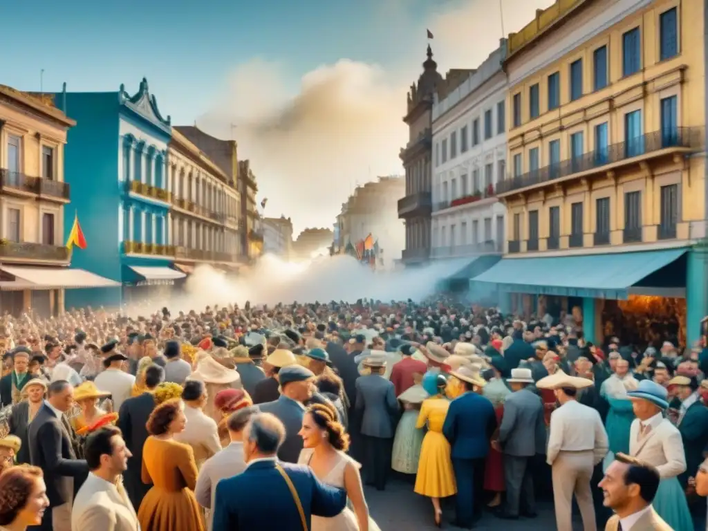 Carnaval en Montevideo: Acuarela vibrante de los años 50 Vibrante pintura acuarela del Carnaval Uruguayo siglo XX en Montevideo, con desfiles y espectadores animados