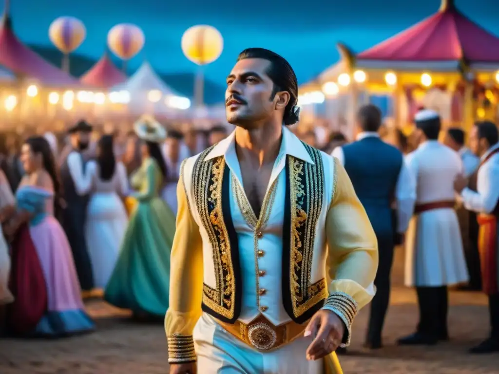 Cuadro acuarela de Fernando Cabrera en Carnaval en Uruguay Vibrante pintura acuarela de Fernando Cabrera en el Carnaval Uruguayo, rodeado de coloridos festejantes bajo la luna brillante