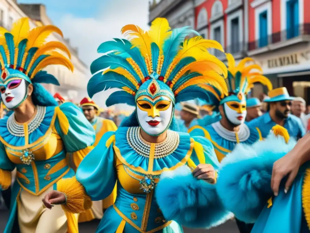 Pintura acuarela detallada de un vibrante carnaval en Uruguay Vibrante pintura acuarela del Carnaval Uruguayo 2022 fusionando tradición y modernidad en un desfile colorido y emocionante