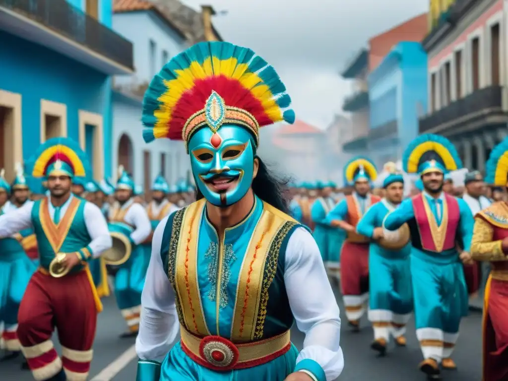 Resiliencia del Carnaval Uruguayo: Desfile colorido y vibrante Una vibrante pintura acuarela del Carnaval en Uruguay, mostrando la Resiliencia del Carnaval Uruguayo con deslumbrantes colores y música festiva