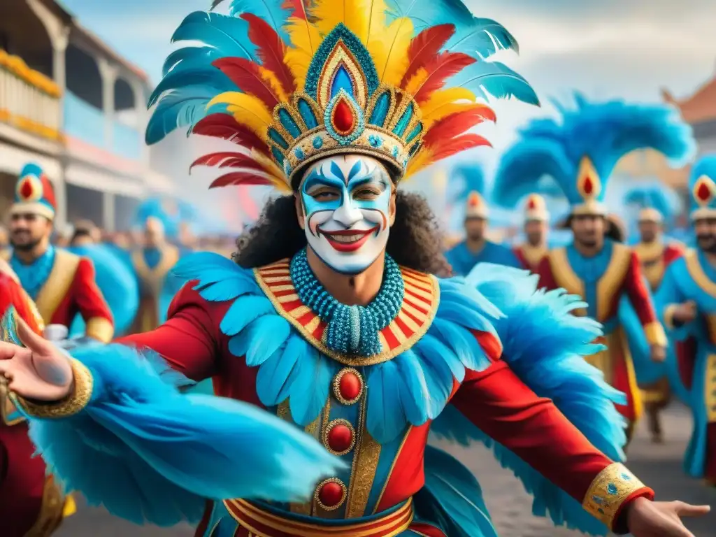 Vibrante carnaval en Uruguay: danzas y colores en acuarela Vibrante pintura acuarela de carnaval en Uruguay, muestra evolución tablados carnaval uruguayo con colores y danzas