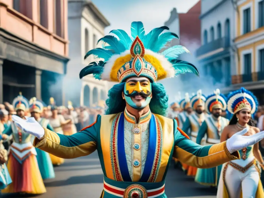 Deslumbrante Carnaval en Uruguay: colores y alegría Una vibrante pintura acuarela del Carnaval en Uruguay con figuras icónicas, historia y colorido desfile de disfraces