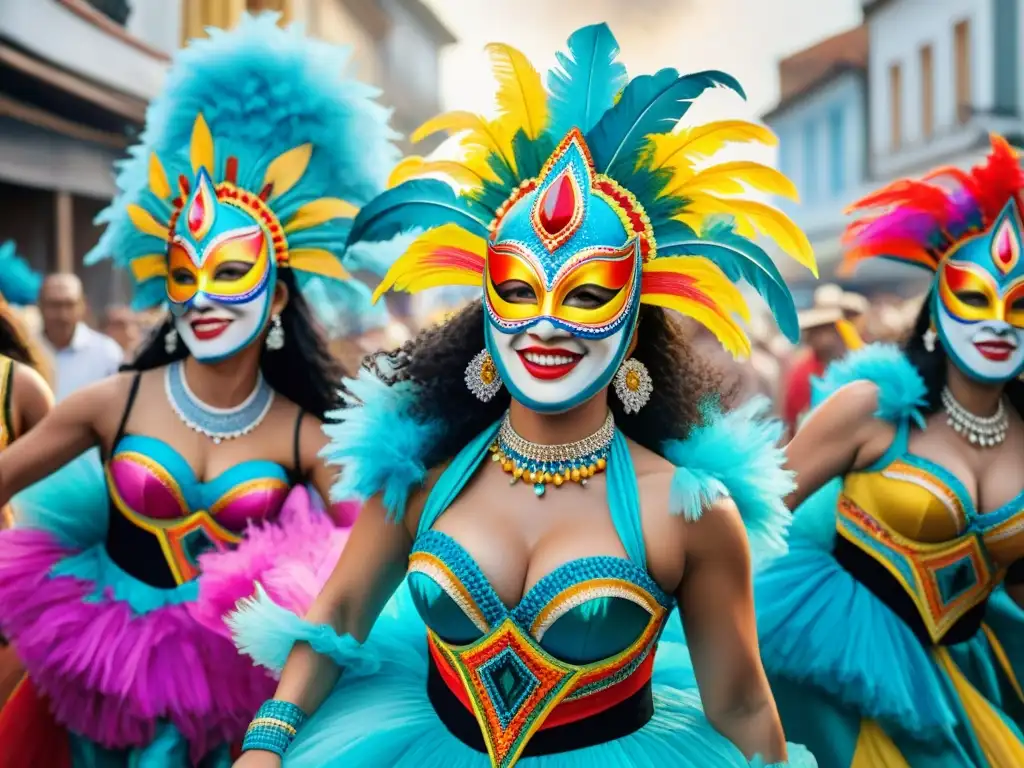 Desfile de Carnaval en Uruguay: danza, color y tradición Vibrante pintura acuarela del Carnaval en Uruguay con coloridos trajes y máscaras, reflejando la cultura Carnaval Uruguayo