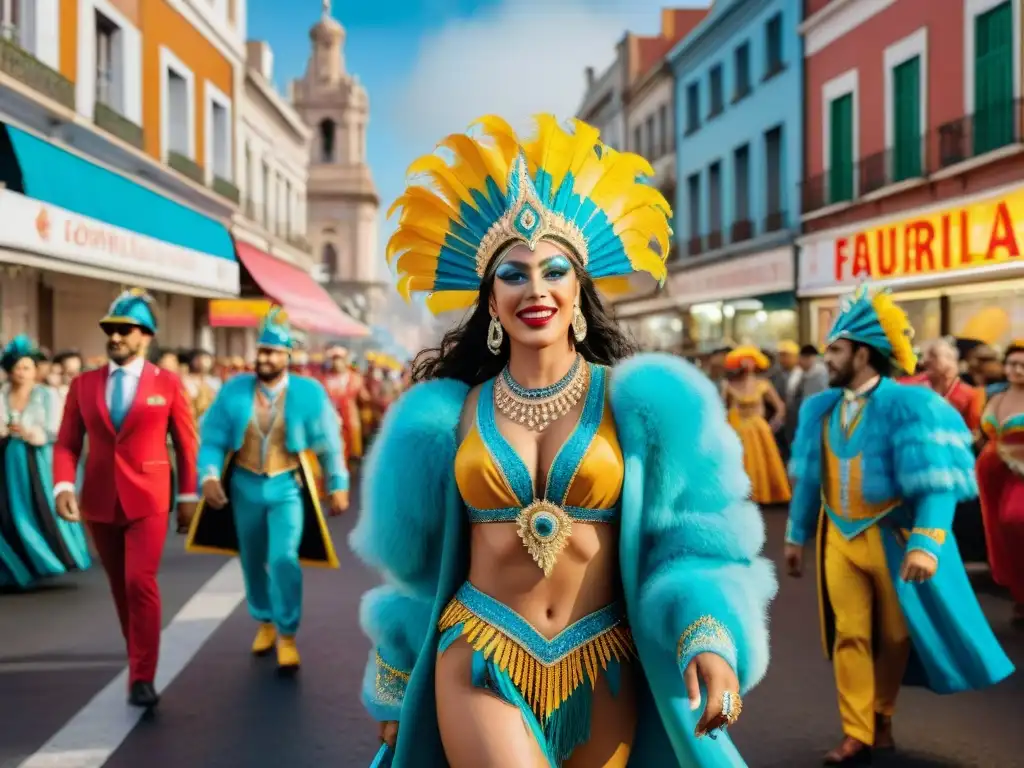 Vibrante pintura acuarela de Carnaval en Montevideo, Uruguay