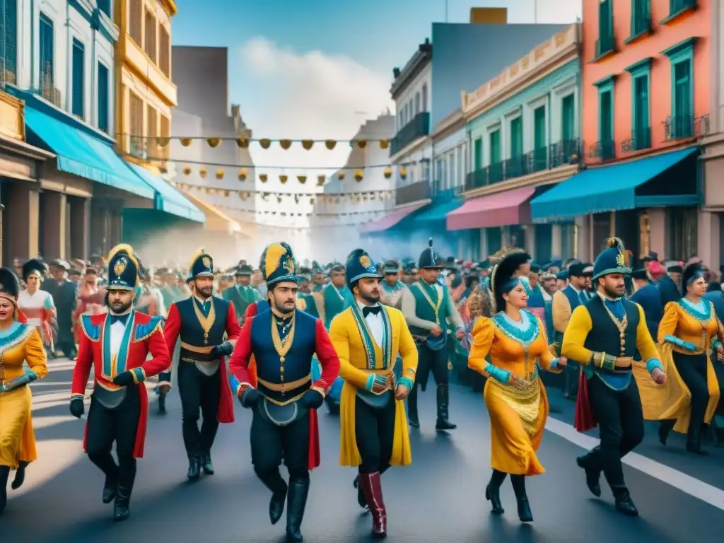 Carnaval de Montevideo: pintura acuarela detallada Vibrante pintura acuarela de Carnaval en Montevideo, Uruguay