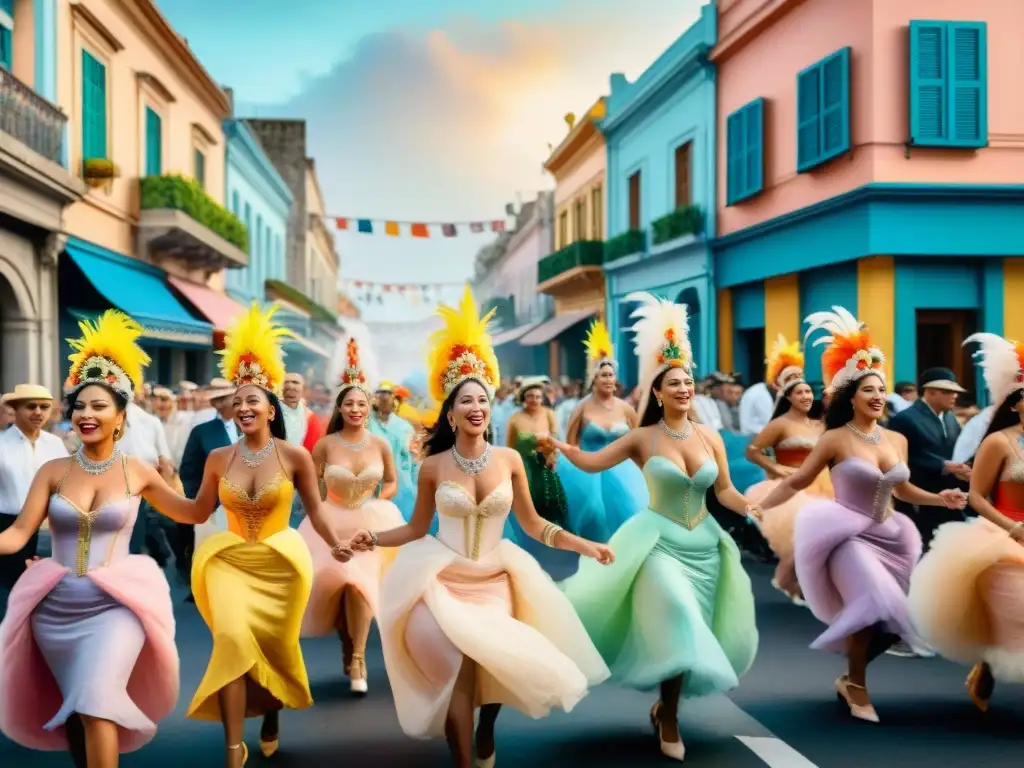 Carnaval en Uruguay: Colorida celebración en acuarela Una vibrante pintura acuarela del Carnaval en Uruguay con deslumbrantes atuendos y música alegre