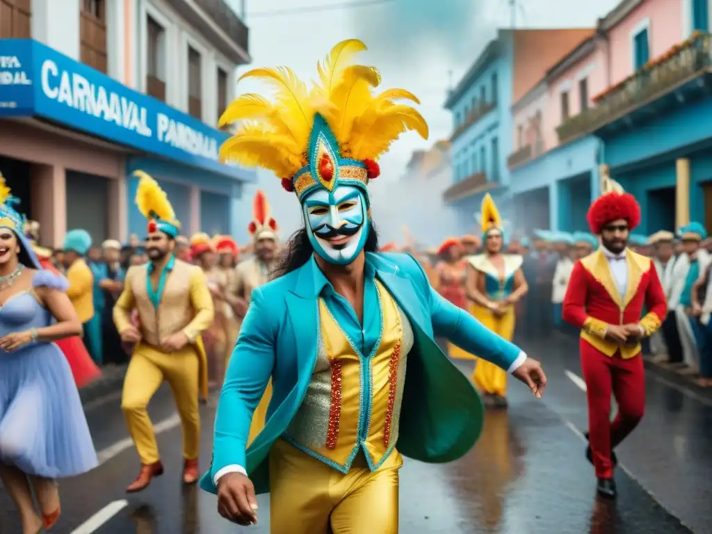 Carnaval en Uruguay: Colorida celebración llena de alegría y energía Vibrante pintura acuarela del Carnaval en Uruguay con impacto social y cultural